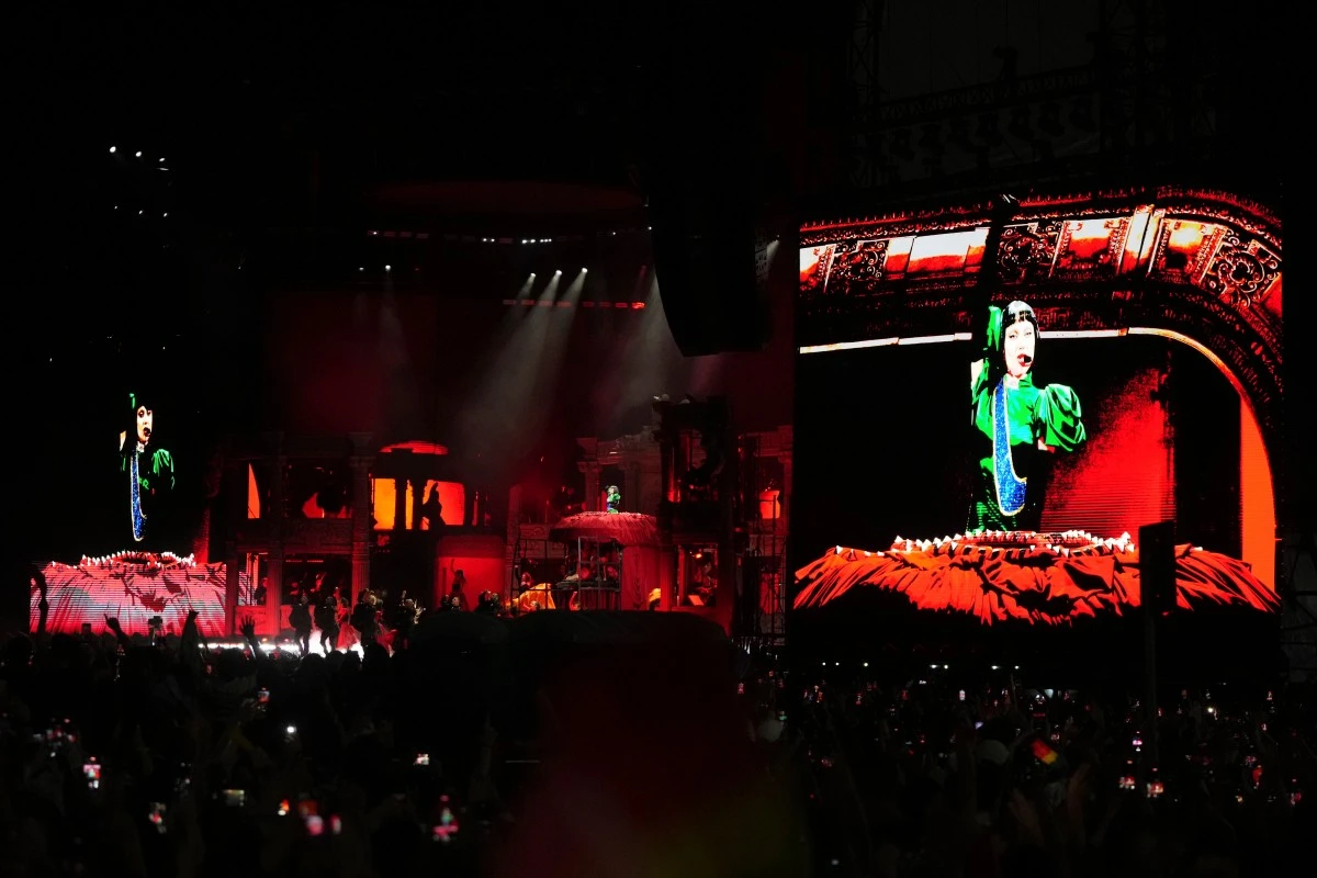 Lady Gaga performs during her free concert on Copacabana Beach in Rio de Janeiro, Saturday, May 3, 2025. (AP Photo/Silvia Izquierdo)