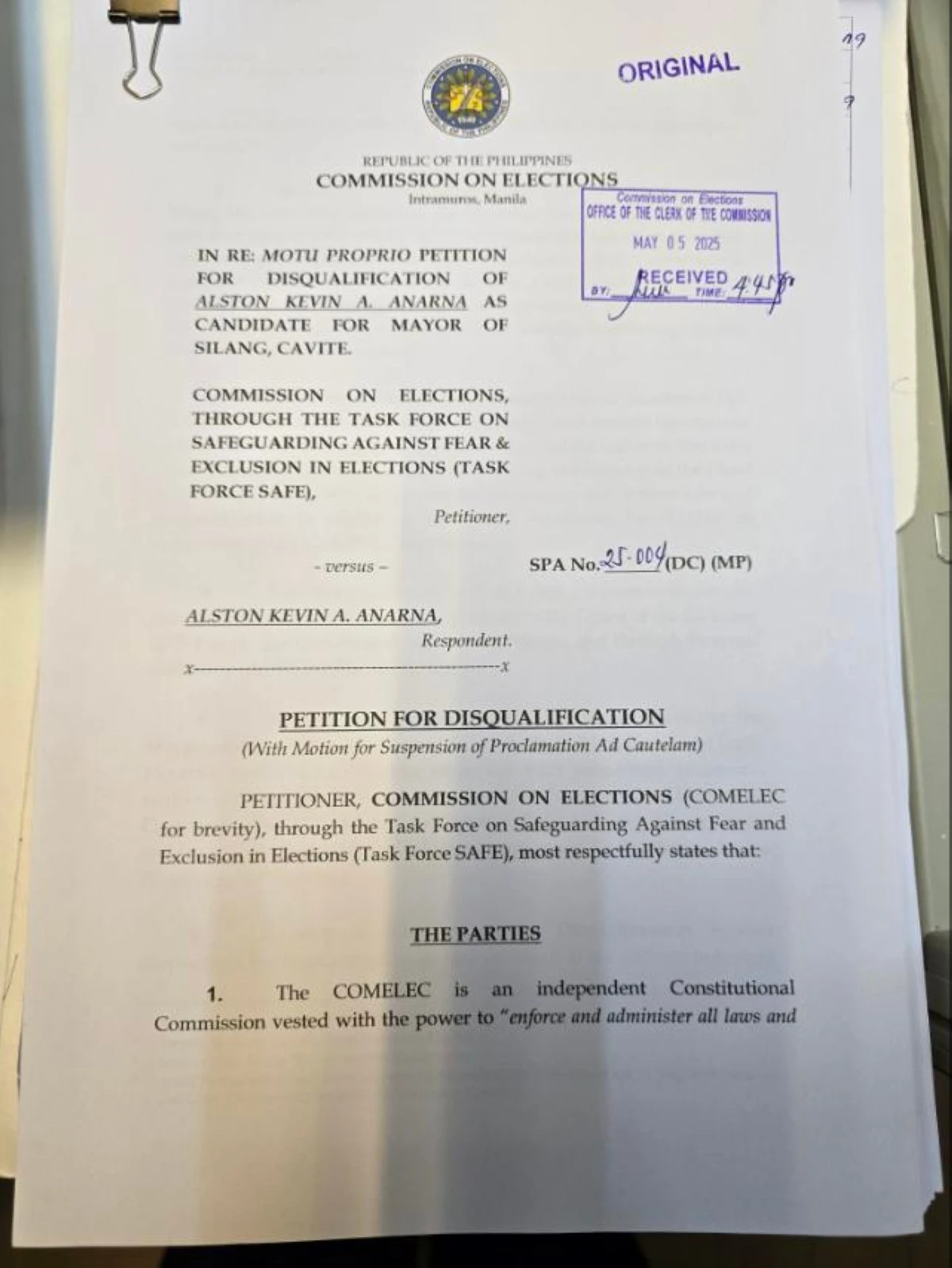 Disqualification petition issued by the Comelec's Task Force on Safeguarding Against Fear and Exclusion in Elections (SAFE) against Anarna on May 5 (Comelec via Dhel Nazario/MANILA BULLETIN)