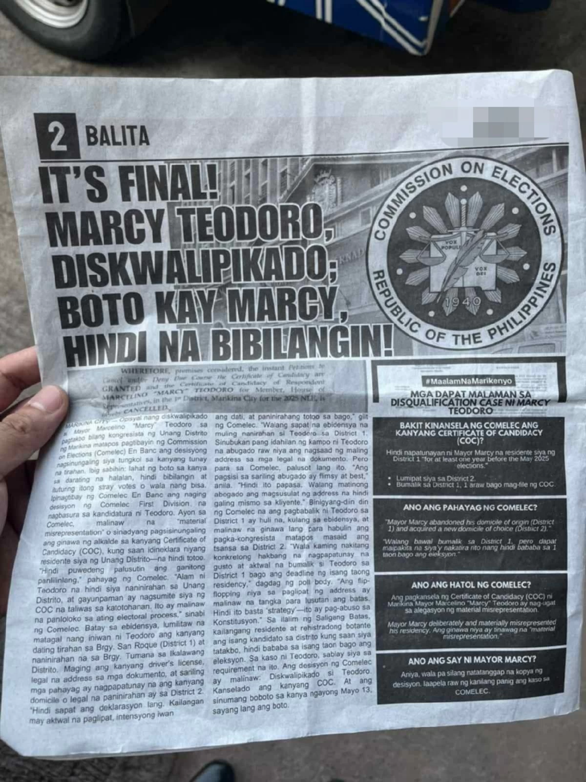 A man was arrested for distributing a tabloid containing propaganda against Mayor Marcy Teodoro and Rep. Maan Teodoro in Marikina on Monday, May 12. (Contributed photos)