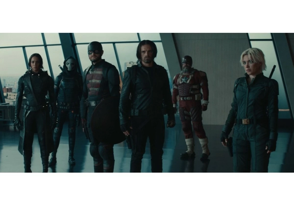(L-R): Ghost (Hannah John-Kamen), Taskmaster (Olga Kurylenko), John Walker (Wyatt Russell), Bucky Barnes (Sebastian Stan), Alexei Shostakov/Red Guardian (David Harbour), and Yelena Belova (Florence Pugh) in Marvel Studios' THUNDERBOLTS*. Photo courtesy of Marvel Studios. © 2024 MARVEL.
