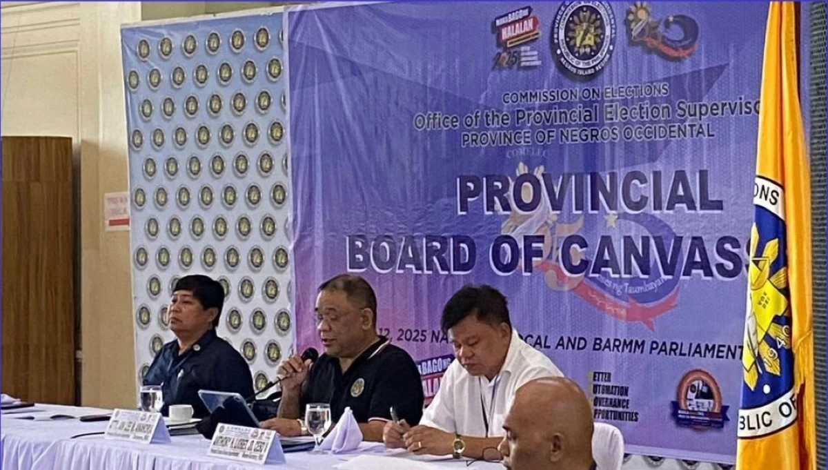 THE Provincial Board of Canvassers led by Provincial Election Supervisor Ian Lee Ananoria (center) during the canvassing of votes at the Social Hall of the Provincial Capitol in Bacolod City after the May 12 midterm elections. (Photo courtesy of Comelec Negros Occidental FB)