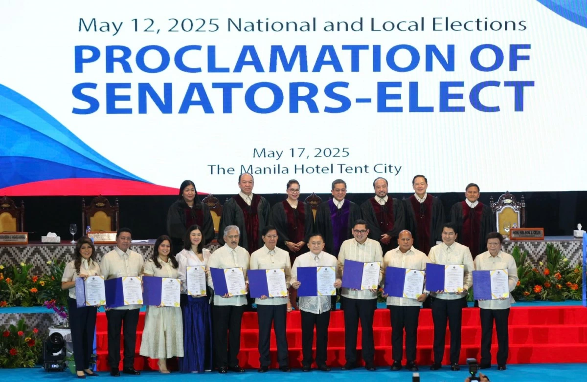 From left to right, bottom row: Senators-elect Imee Marcos, Lito Lapid, Camille Villar, Pia Cayetano, Vicente "Tito" Sotto III, Panfilo "Ping" Lacson, Christopher "Bong" Go, Bam Aquino, Ronald "Bato" dela Rosa, Erwin Tulfo, Rodante Marcoleta (Mark Balmores/ MANILA BULLETIN)
