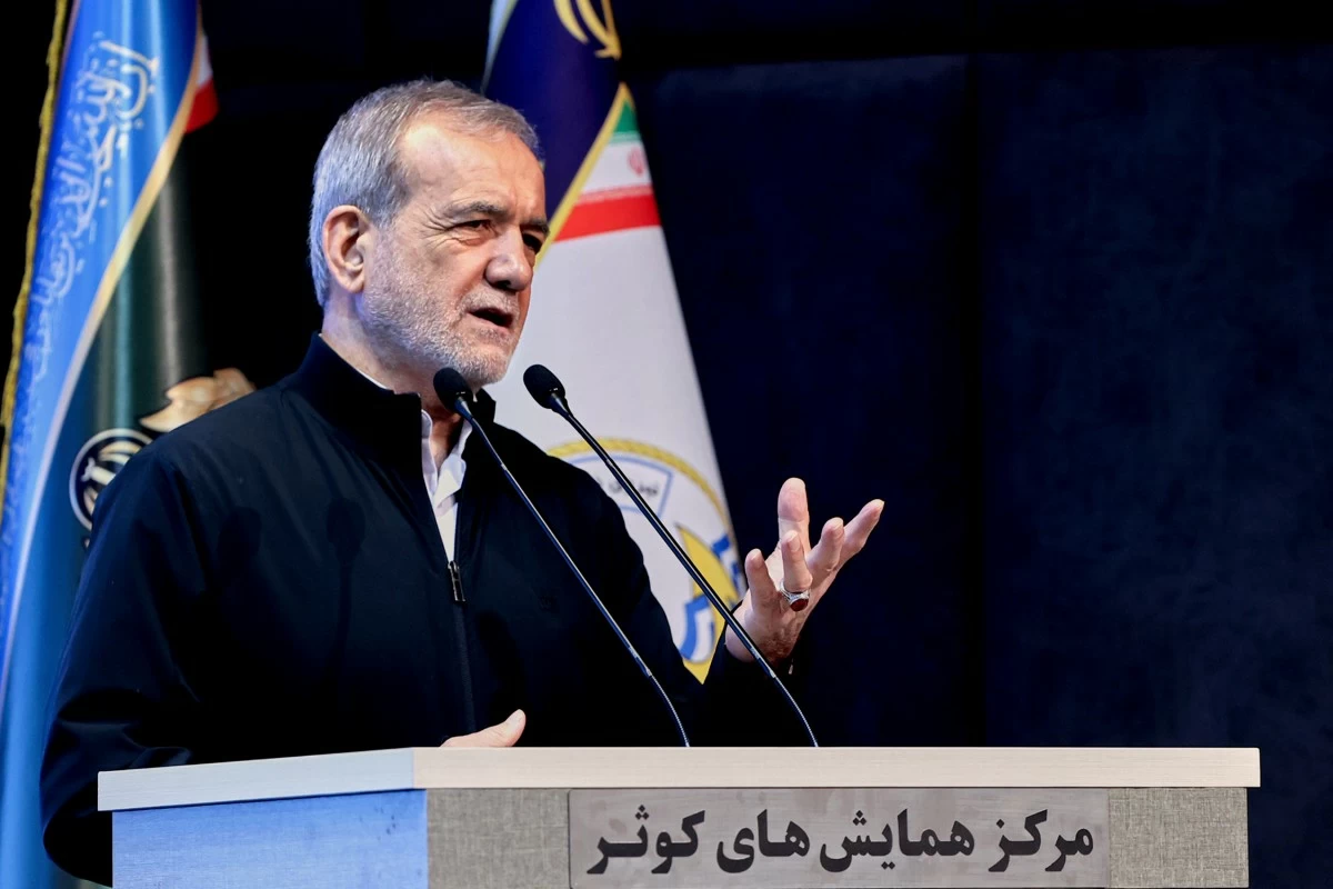 In this photo released by the Iranian Presidency Office, President Masoud Pezeshkian speaks to navy officials, in Tehran, Iran, Saturday, May 17, 2025. (Iranian Presidency Office via AP)