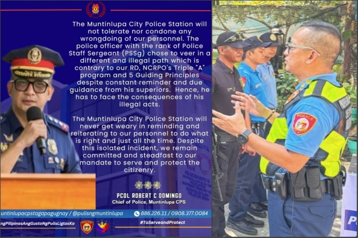 Muntinlupa police chief Col. Robert Domingo's statement on the arrested policeman ((Photos from Muntinlupa police's Facebook account) 