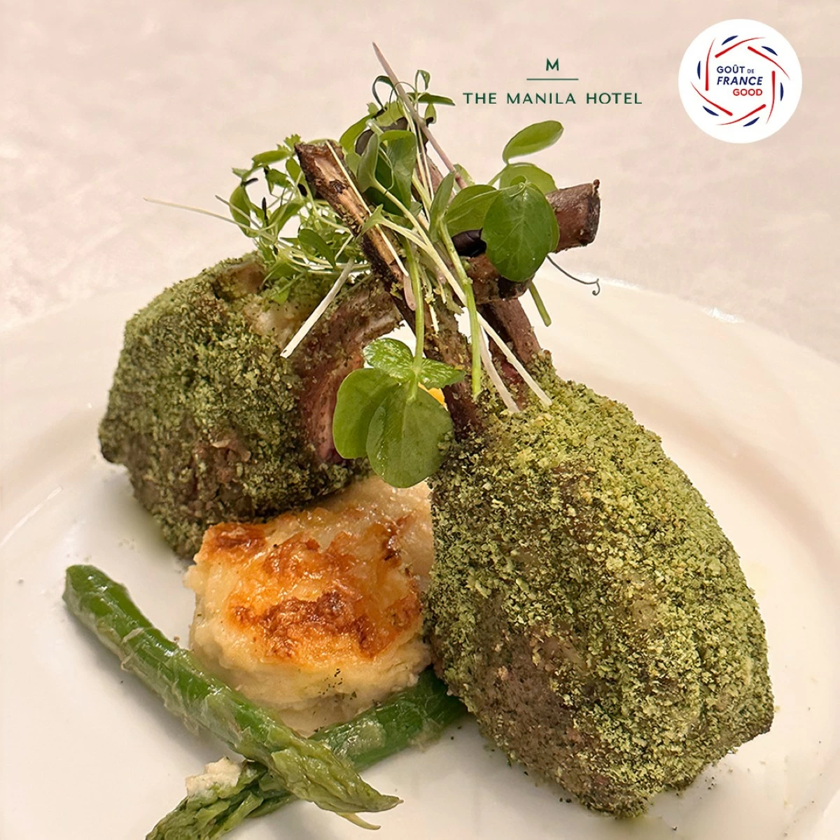 Roast Rack of Lamb in herb crust, rosemary garlic jus, potato gratin, market vegetables