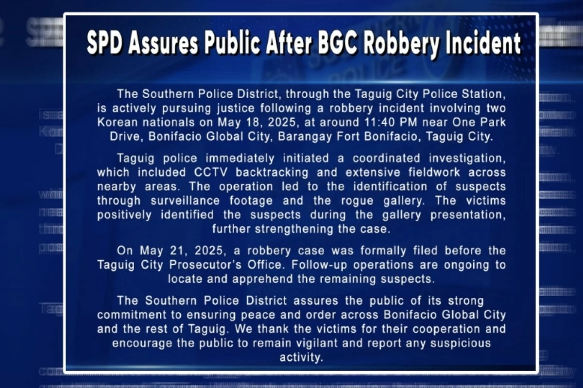 The statement of the Southern Police District regarding the BGC armed robbery (Photo from SPD)