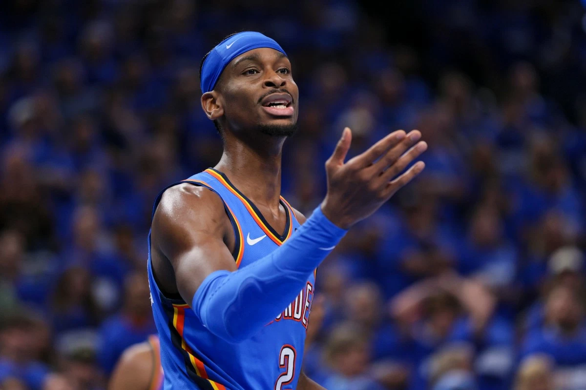 Oklahoma City Thunder guard Shai Gilgeous-Alexander reacts during the second half of Game 2 of an NBA basketball Western Conference Finals playoff series against the Minnesota Timberwolves Thursday, May 22, 2025, in Oklahoma City. (AP Photo/Nate Billings)