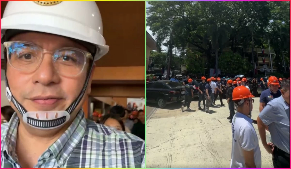 Muntinlupa Mayor Ruffy Biazon and employees at the city hall evacuate when an earthquake struck on May 27 (Screenshots from Mayor Biazon's Facebook account video)