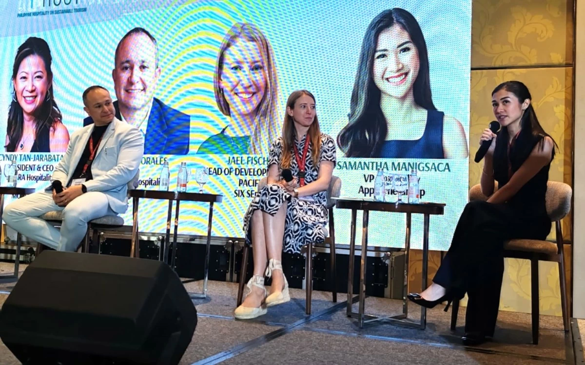 Gustavo Morales, Ayala Land Hospitality COO; Jael Fischer, Six Senses Development Asia Pacific head; and Samantha Manigsaca, AppleOne Group hospitality vice president