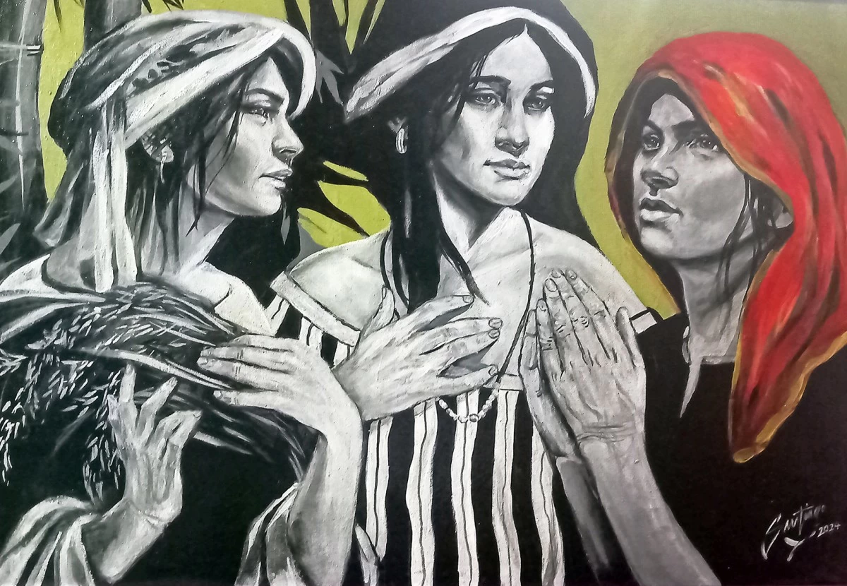 'TRES FIGURAS-PRAYER,' acrylic on canvas, 24x36 inches, August Santiago, 2024.