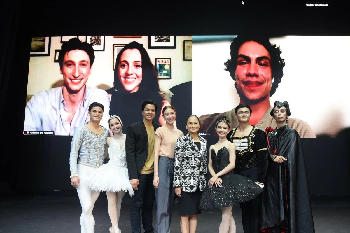 (First row) Ballet Manila company soloist Noah Esplana, principal dancers Jessica Pearl Dames, Mark Sumaylo, and Abigail Lynn Oliveiro, CEO and artistic director Lisa Macuja-Elizalde, principal dancers Shaira May Comeros and Joshua Enciso,  and soloist John Ralph Balagot,

(Second row via Zoom) San Francisco Ballet company artist Nathaniel Remez, first soloist Katherine Barkman, and principal dancer Esteban Hernandez

 