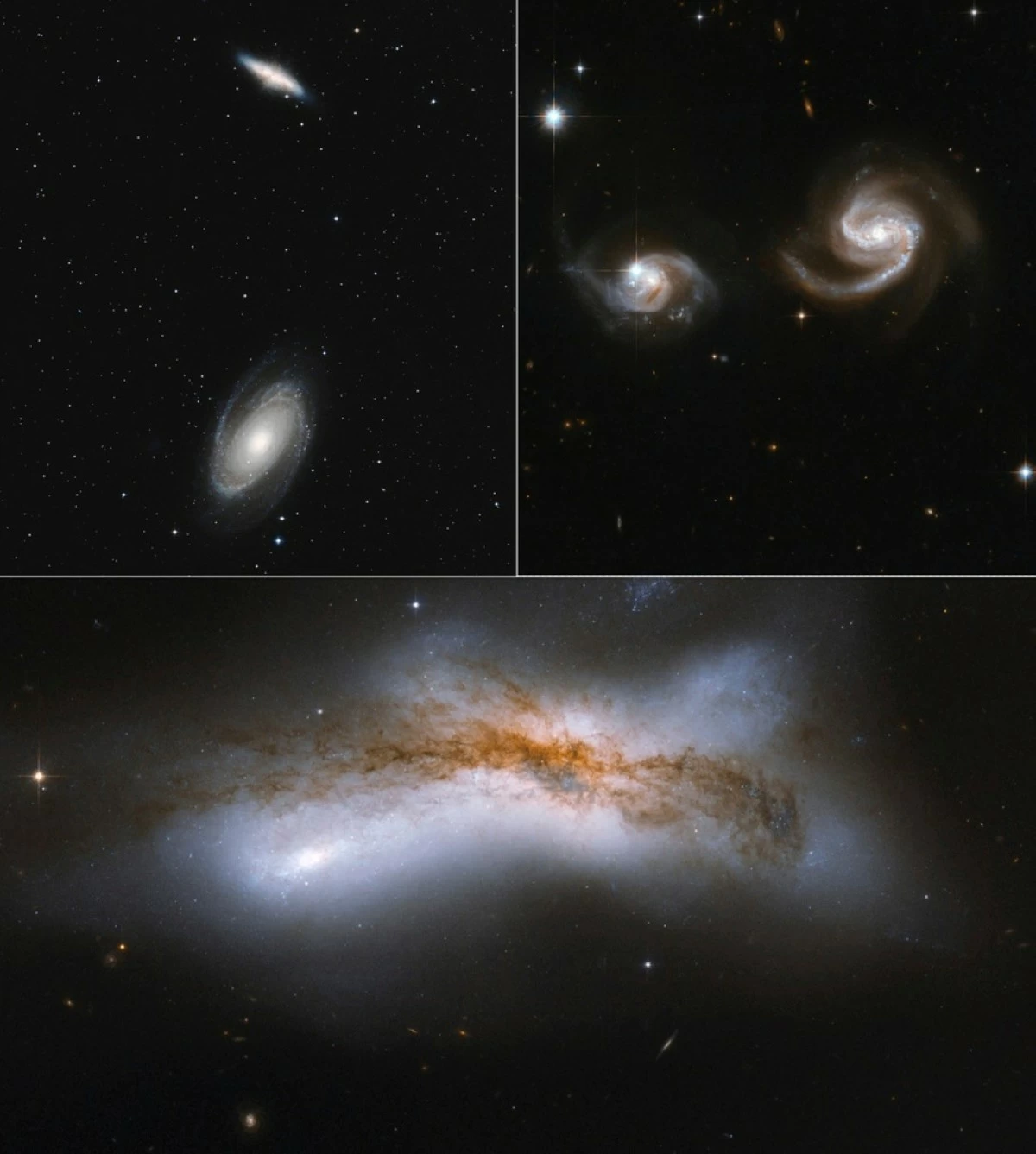In this combination of images from NASA/ESA shows three future scenarios for Milky Way & Andromeda encounter. Top left: Galaxies bypass at 1 million light-year separation. Top right: At 500,000 light-years, dark matter provides friction that brings galaxies to a close encounter. Bottom: A 100,000 light-year separation leads to a collision. (NASA/ESA via AP)