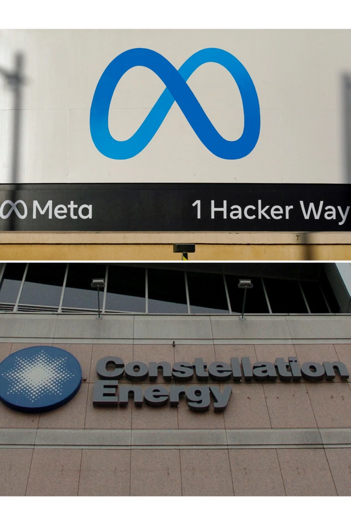 FILE - This combo image shows Meta's logo, top, at the company's headquarters in Menlo Park, Calif., Nov. 9, 2022 and The Constellation Energy building, Dec. 19, 2005 in a Baltimore. (AP Photo/Godofredo A. Vásquez, Gail Burton, File)