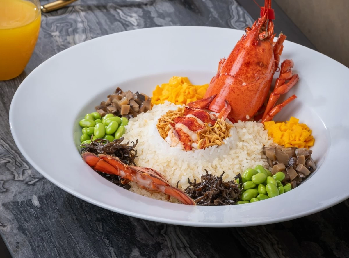 Crystal Dragon's Boston lobster with jasmine rice, edamame and crispy puff rice in rich seafood broth