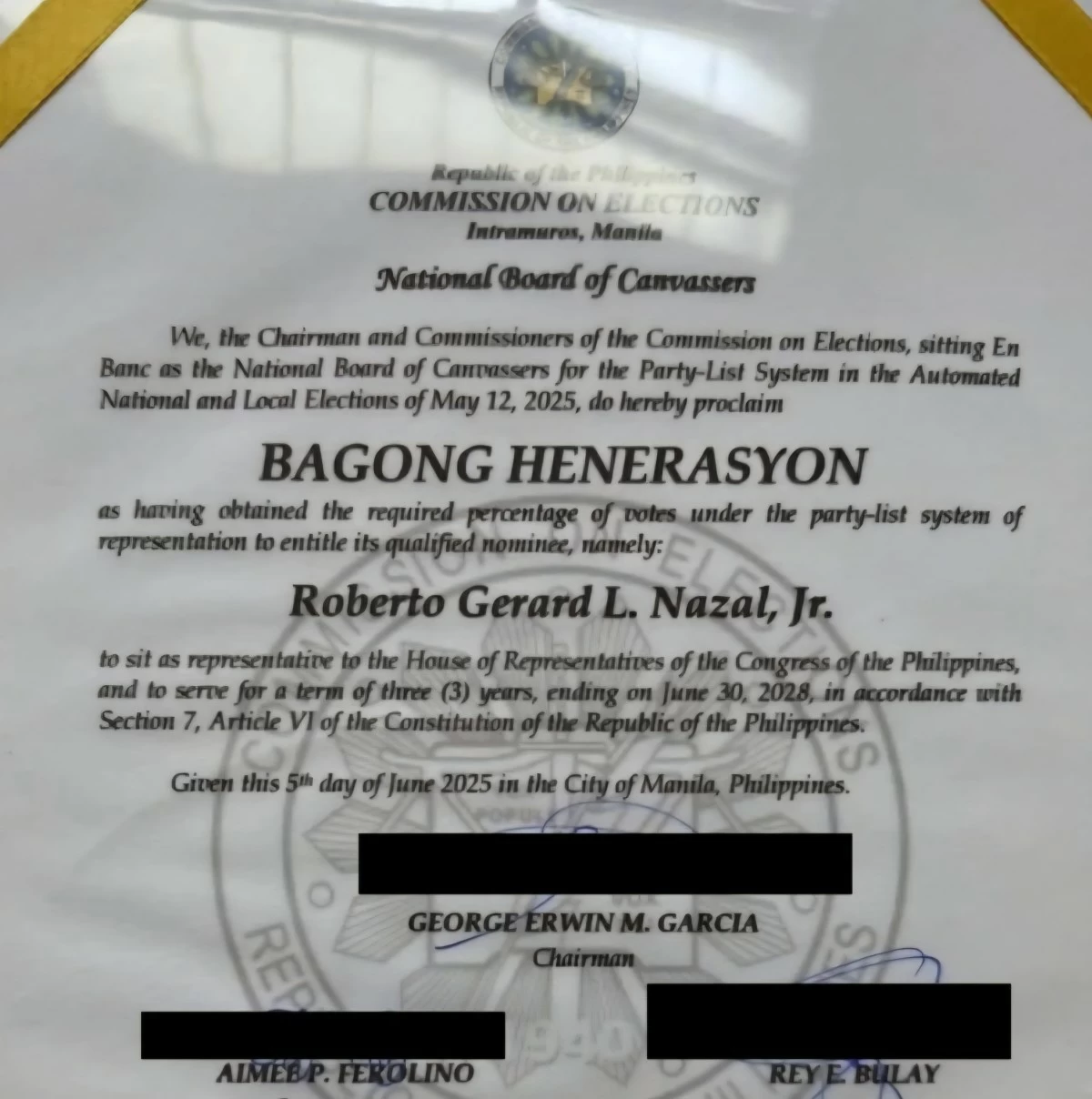 Bagong Henerasyon Party-list's certificate of proclamation (Contributed photo)