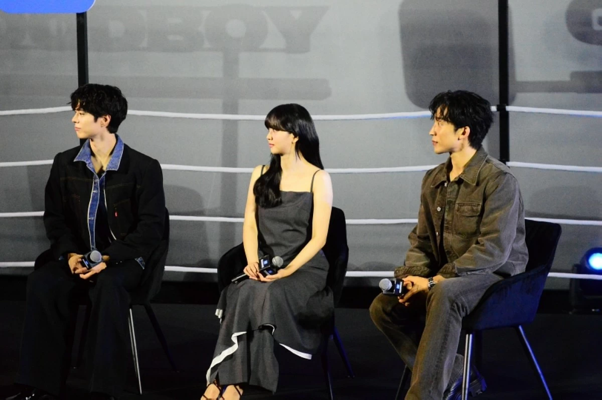Korean stars (from left) Park Bo-gum, Kim So-hyun and Lee Sang-yi at the press conference for Prime Video's 