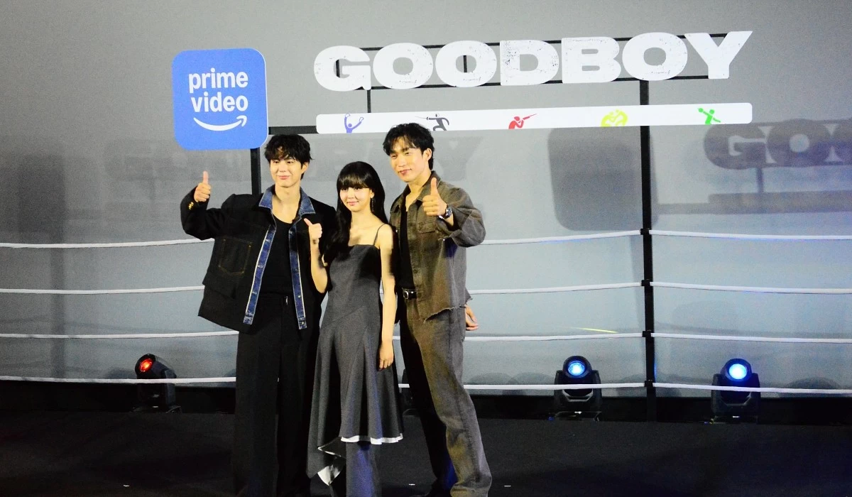 Korean stars (from left) Park Bo-gum, Kim So-hyun and Lee Sang-yi at the press conference for Prime Video's 