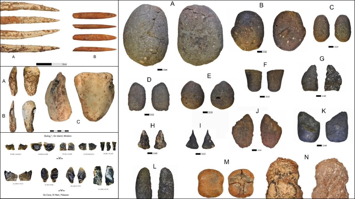 Samples of ancient technology discovered in and around Mindoro. Clockwise, from upper left: a bone fishing gorge (A) and a possible gorge fragment (B); hammer stones (A-F), pebble tools (G-L), and net sinkers (M, N); obsidian cutting tools from Mindoro (top) and Palawan (bottom), exhibiting similar chemical composition; and Tridacna giant clam shell adzes (A,B) and a shell tool (C). (CREDIT: Photos and figures by A. Pawlik; after Pawlik et al. 2025; Pawlik & Piper 2019; Neri et al., 2015) 