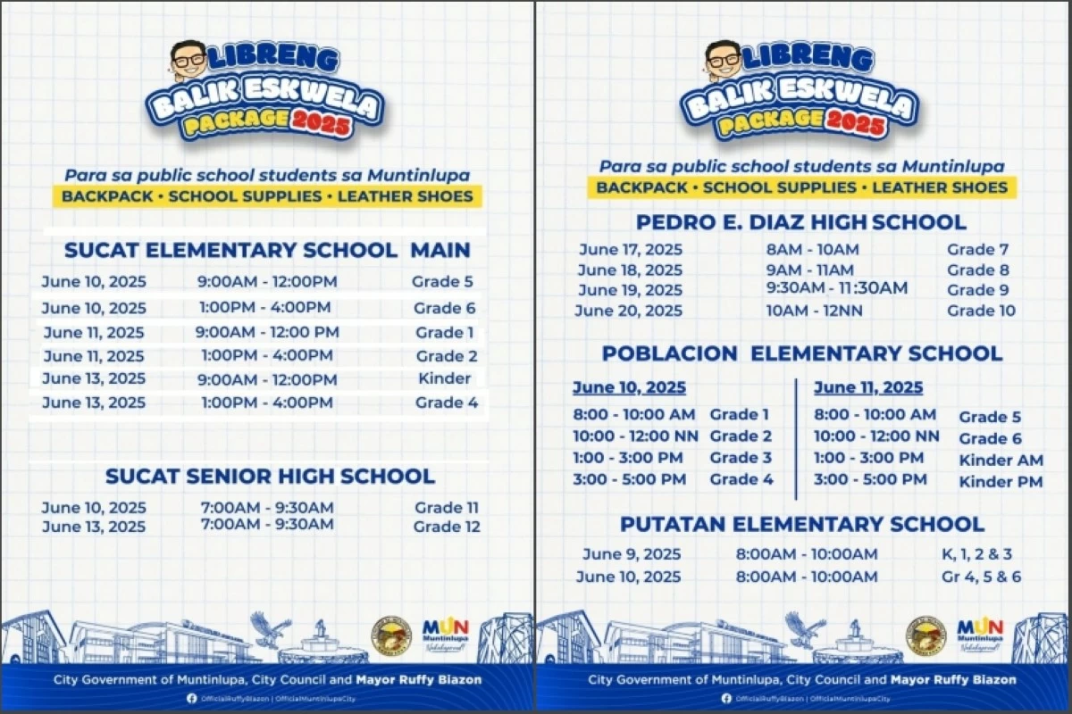 The schedule of the distribution of free Balik Eskwela packages in Muntinlupa (Photo from Muntinlupa PIO)