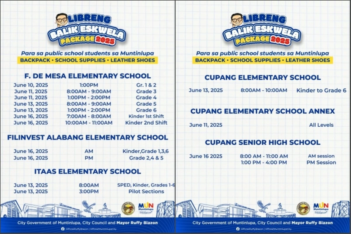 The schedule of the distribution of free Balik Eskwela packages in Muntinlupa (Photo from Muntinlupa PIO)