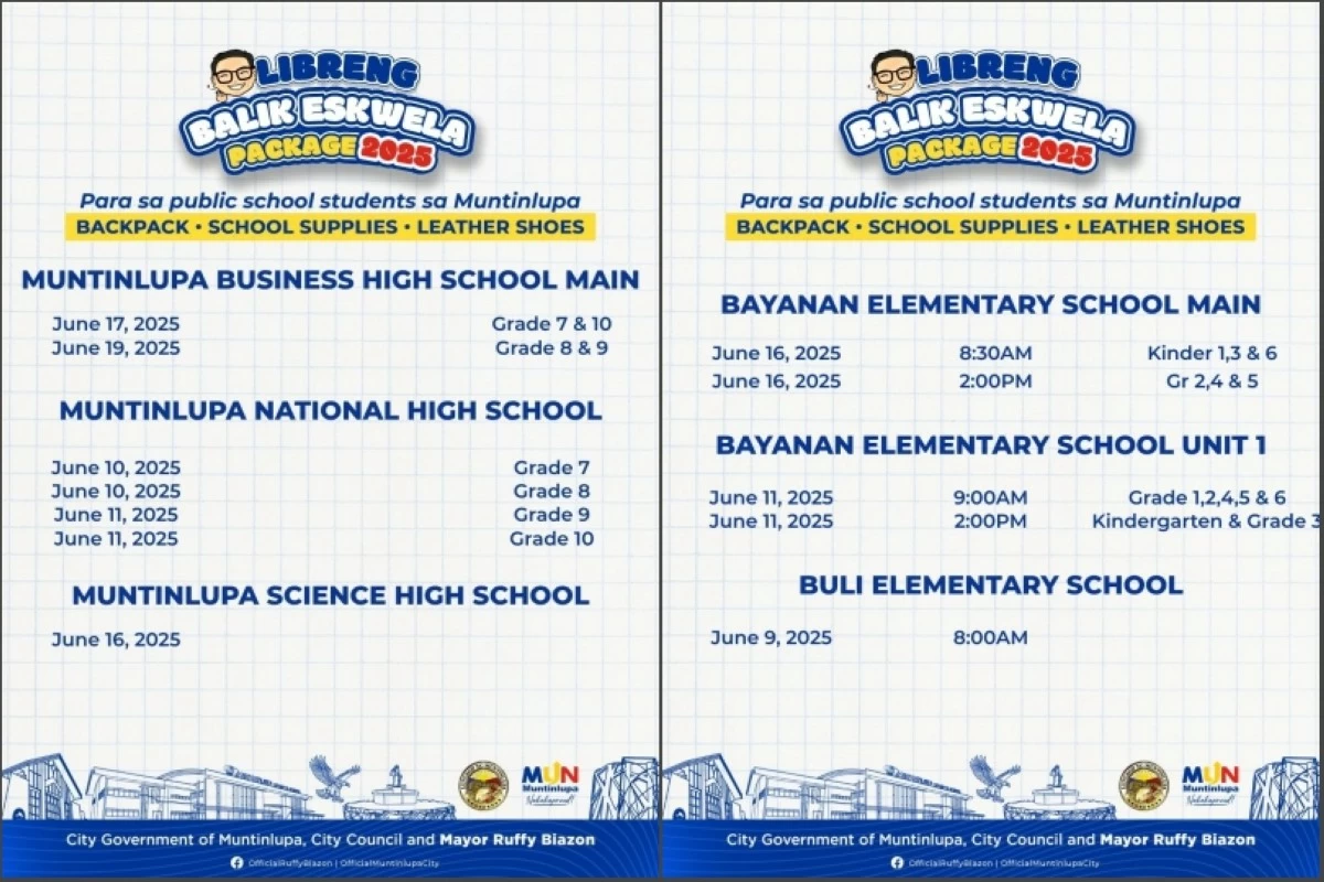 The schedule of the distribution of free Balik Eskwela packages in Muntinlupa (Photo from Muntinlupa PIO)
