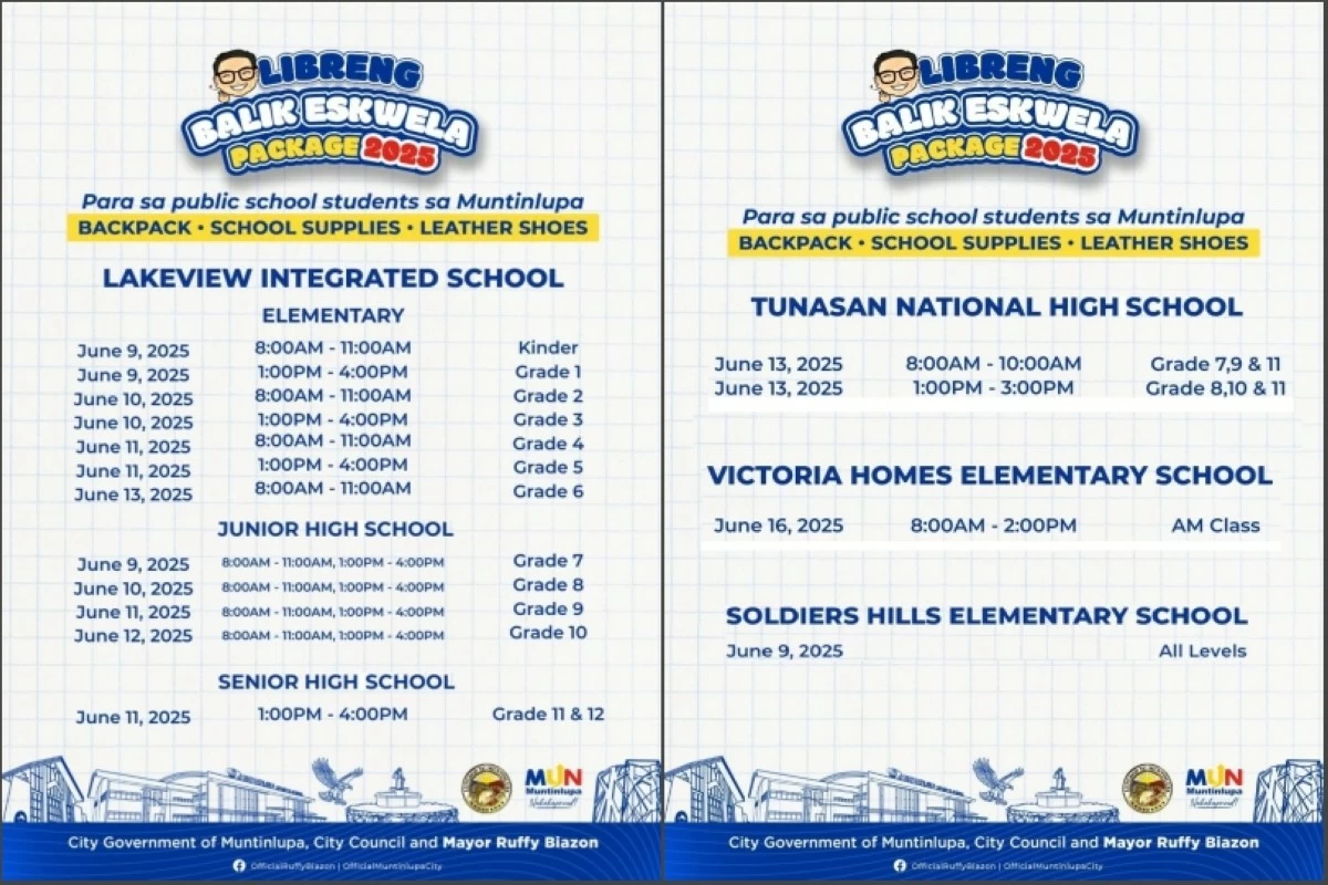 The schedule of the distribution of free Balik Eskwela packages in Muntinlupa (Photo from Muntinlupa PIO)