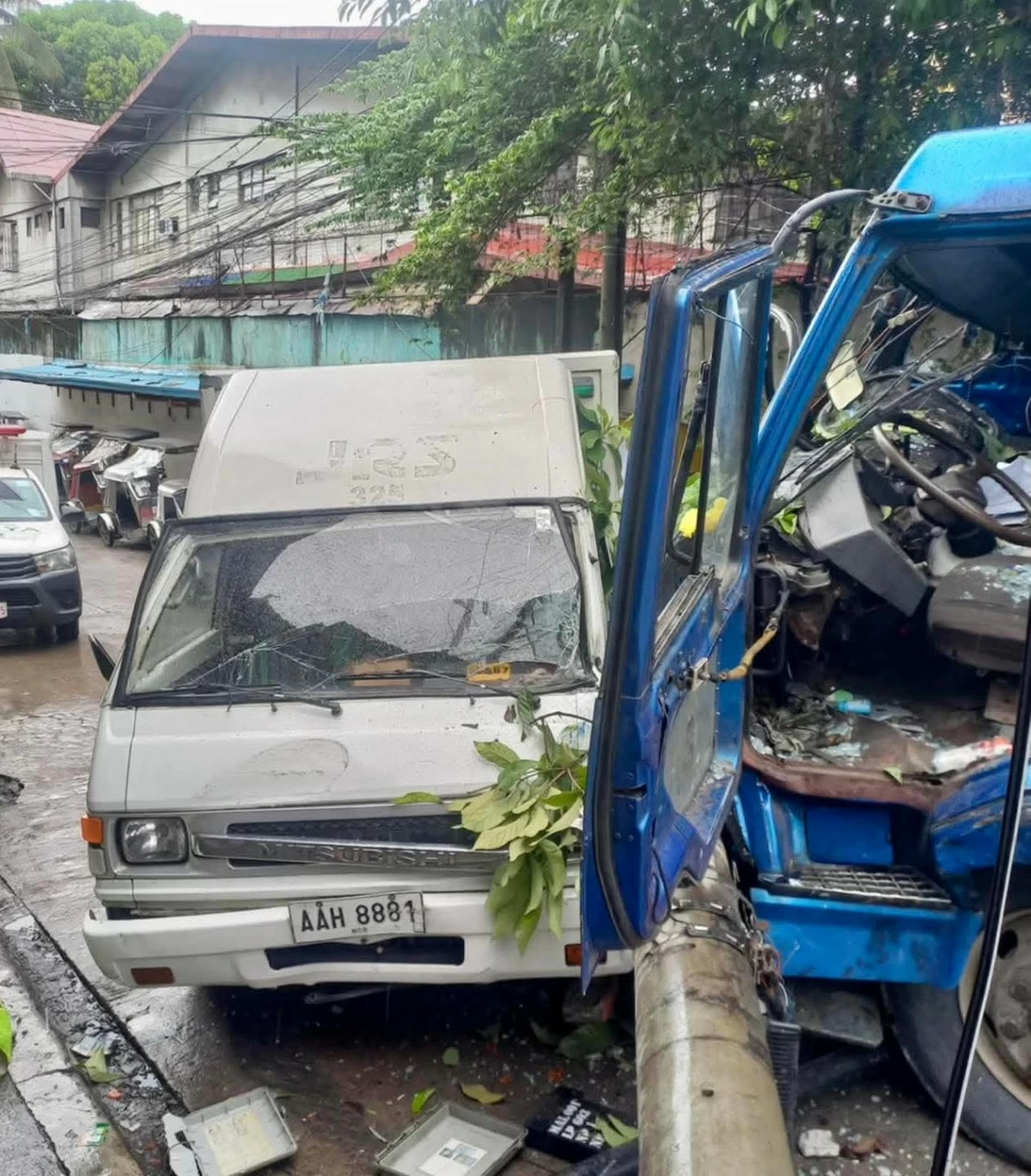 A trailer truck rammed into electric and light posts, as well as an L300 van, along Gov. Pascual Avenue corner University Avenue in Barangay Potrero, Malabon City on Wednesday, June 11. (Photo from the Malabon City Government)