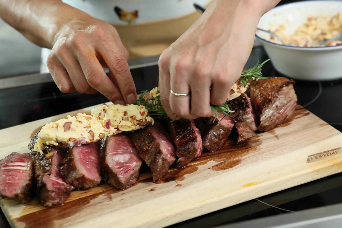 Steak, perfectly cooked using Martha Stewart cookware