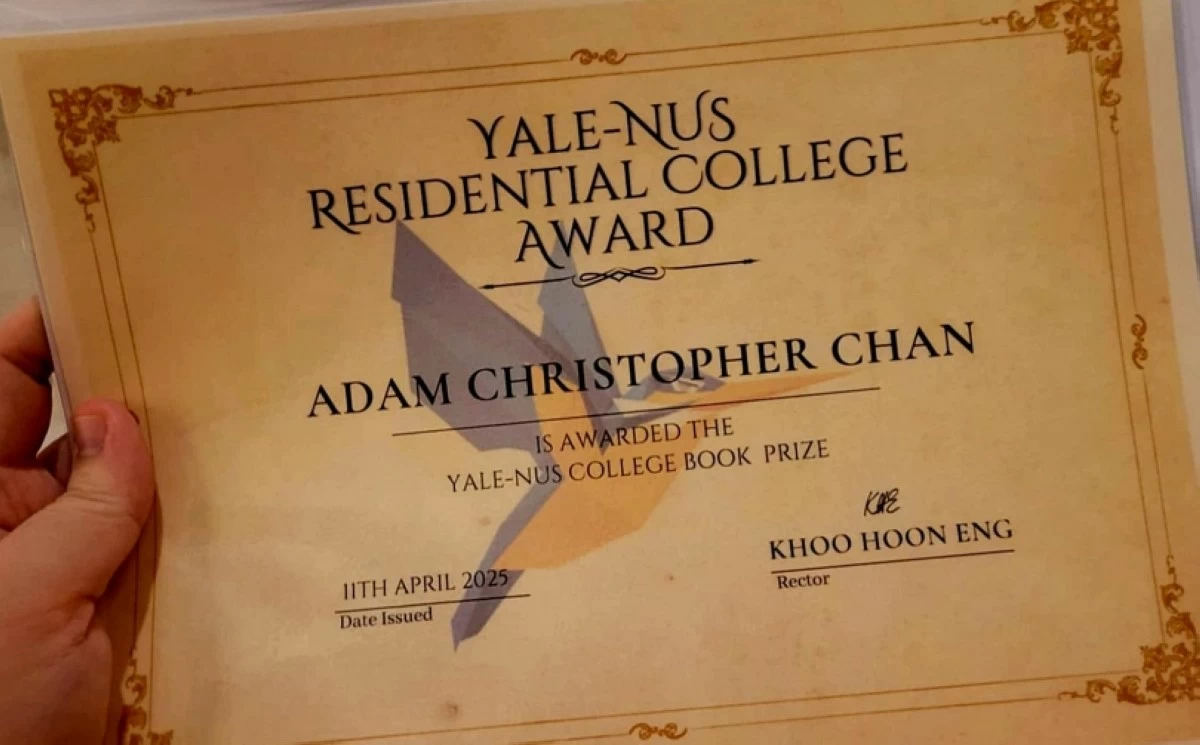 Adam Christopher Chan's Yale-NUS College Book Prize (Photo from Chan family) 