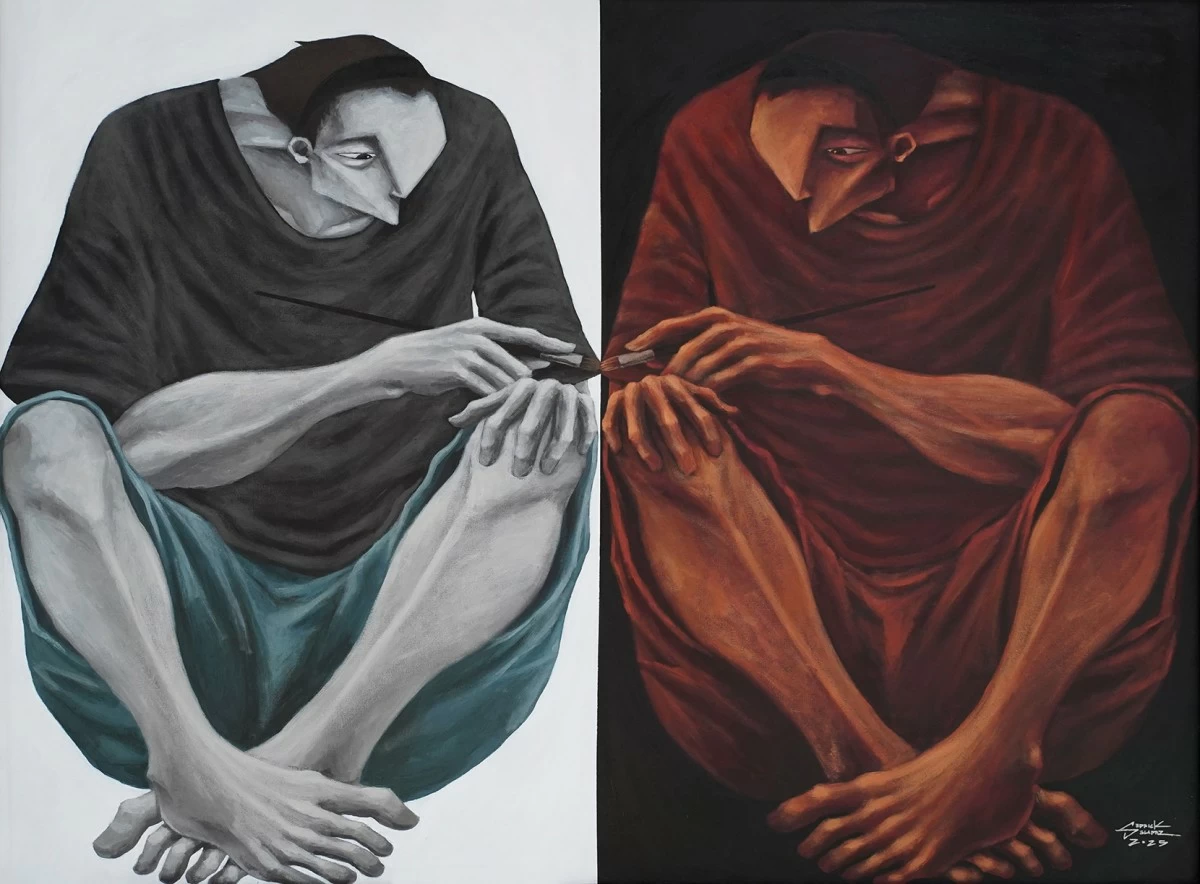 'UNFINISHED,' acrylic on canvas, 36x48 inches, 2025