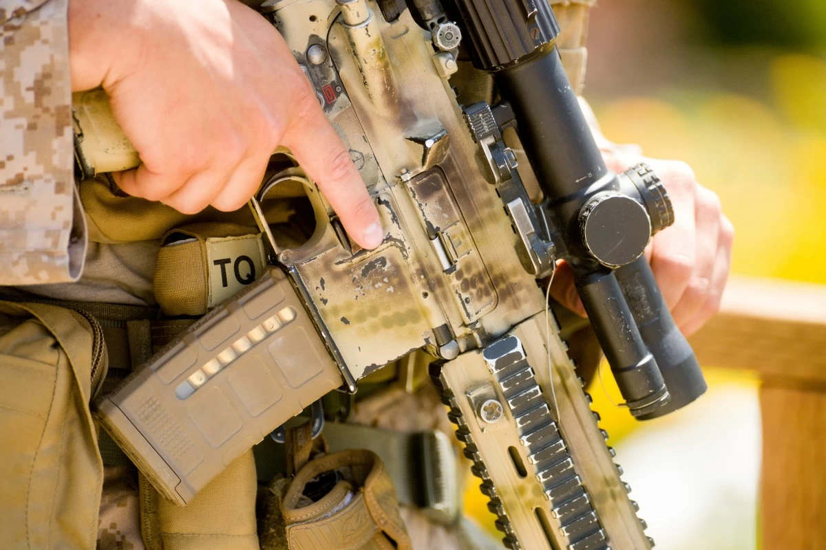 A US Marine holds a rifle outside of a federal building, Friday, June 13, 2025, in Los Angeles. (AP)