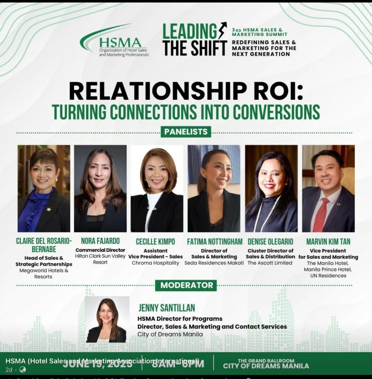 Nice to note that Manila Hotel’s Kim Tan is on a panel to be moderated by Jenny Santillan, HSMA Director of Programs, and Director of Sales & Marketing, City of Dreams.