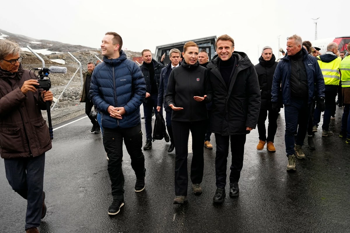 French President Emmanuel Macron arrives at Nuuk Airport in Nuuk, Greenland, on Sunday, June 15, 2025. The Chairman of the Naalakkersuisut, Jens-Frederik Nielsen, is hosting during the French President's visit, where Danish Prime Minister Mette Frederiksen is also participating. (Mads Claus Rasmussen/Scanpix via AP)