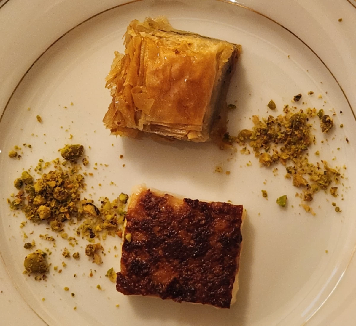 For dessert: Baklava ( a rich, layered pastry made  with phyllo dough, pistachio or walnuts and light syrup) and Kazandibi ( creamy milk pudding caramelized on the bottom for a smoky, slightly burnt flavor) 