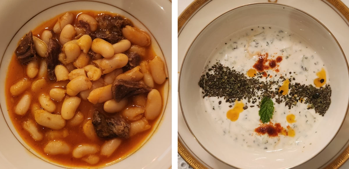 Etli Kuru Fasulye (white bean stew with beef); Cacik ( yogurt with cucumber and herbs) 