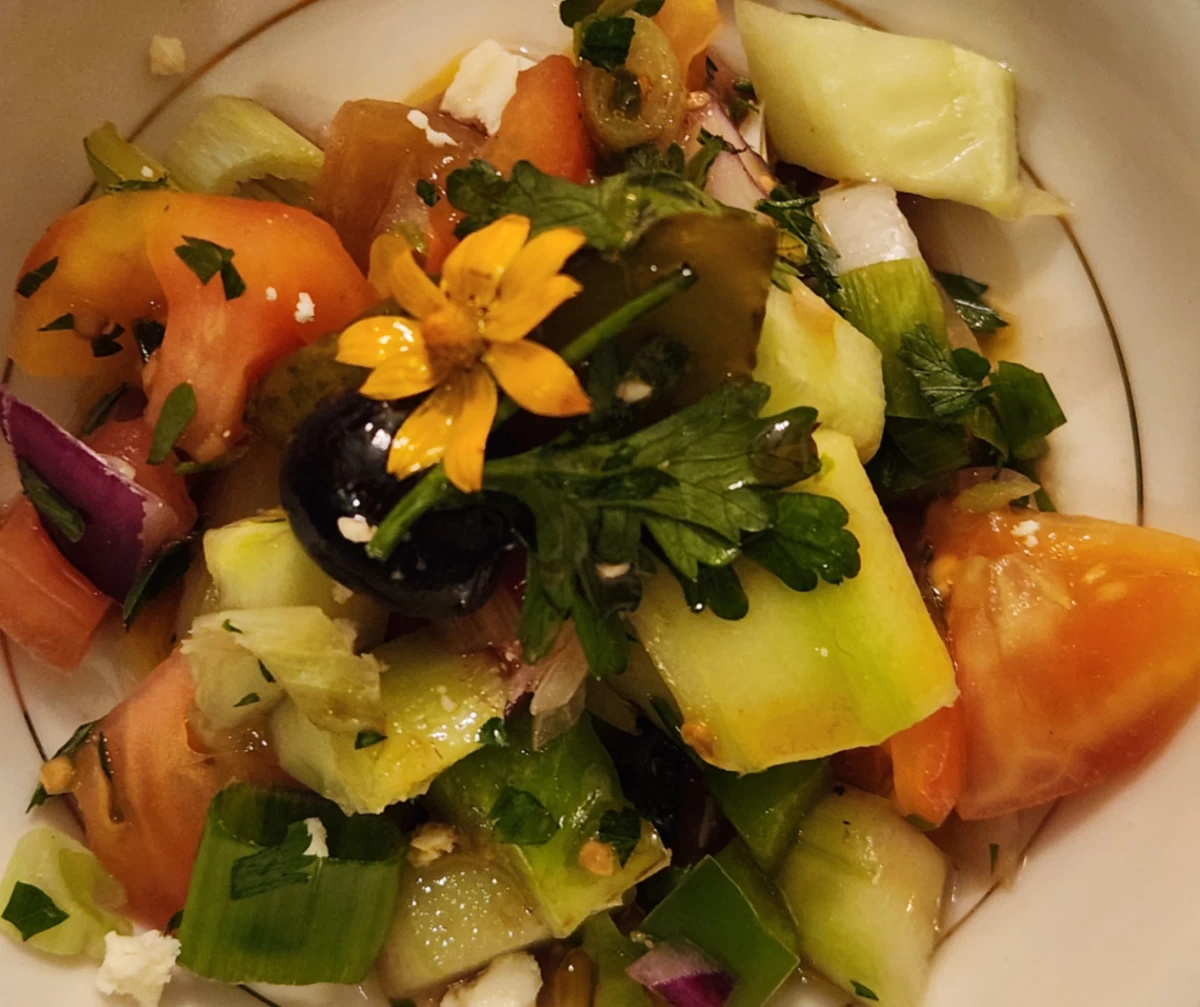 Coban  Salatasi (shepherd’s salad) is a Turkish Salad made  of tomatoes, green peppers,  olives, cucumbers and pickles with a tangy dressing  made of extra virgin olive oil, vinegar or lemon juice

