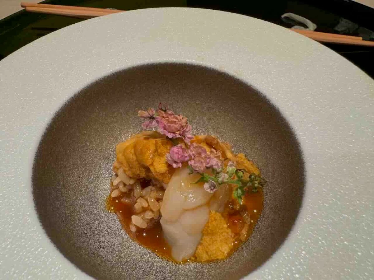 SEA HARMONY Japanese small squid with sea urchin, paired with handmade soy sauce and egg omelet on the side