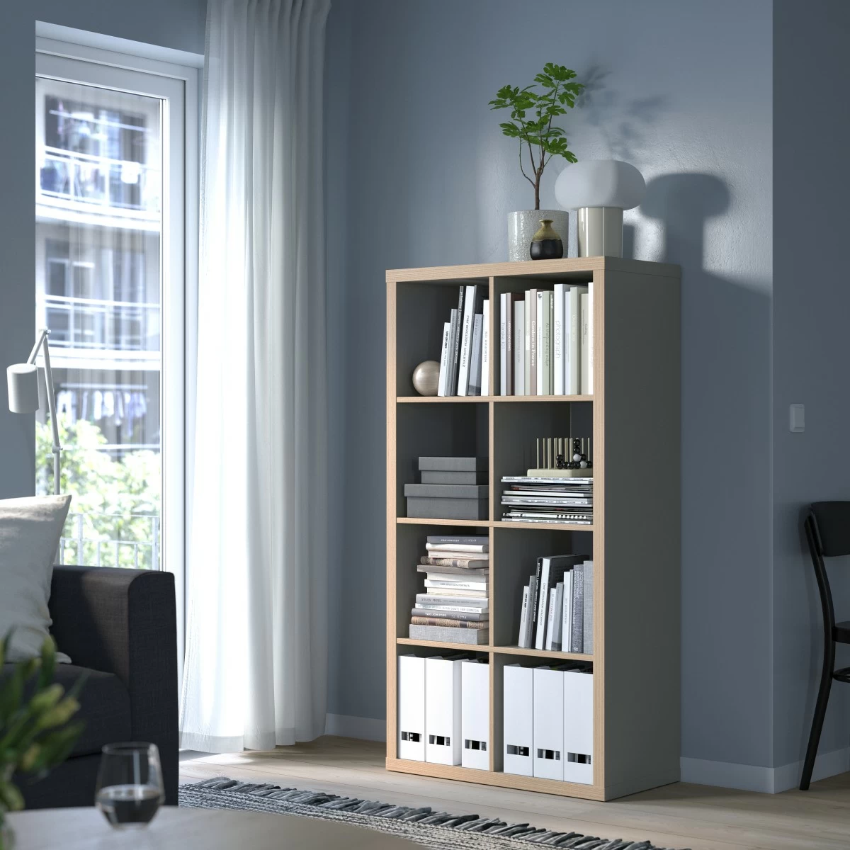 Kallax gray shelving unit
