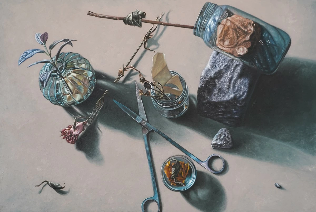 'CUT DRIED FLOWERS,' oil on canvas, 24x36 inches, 2025