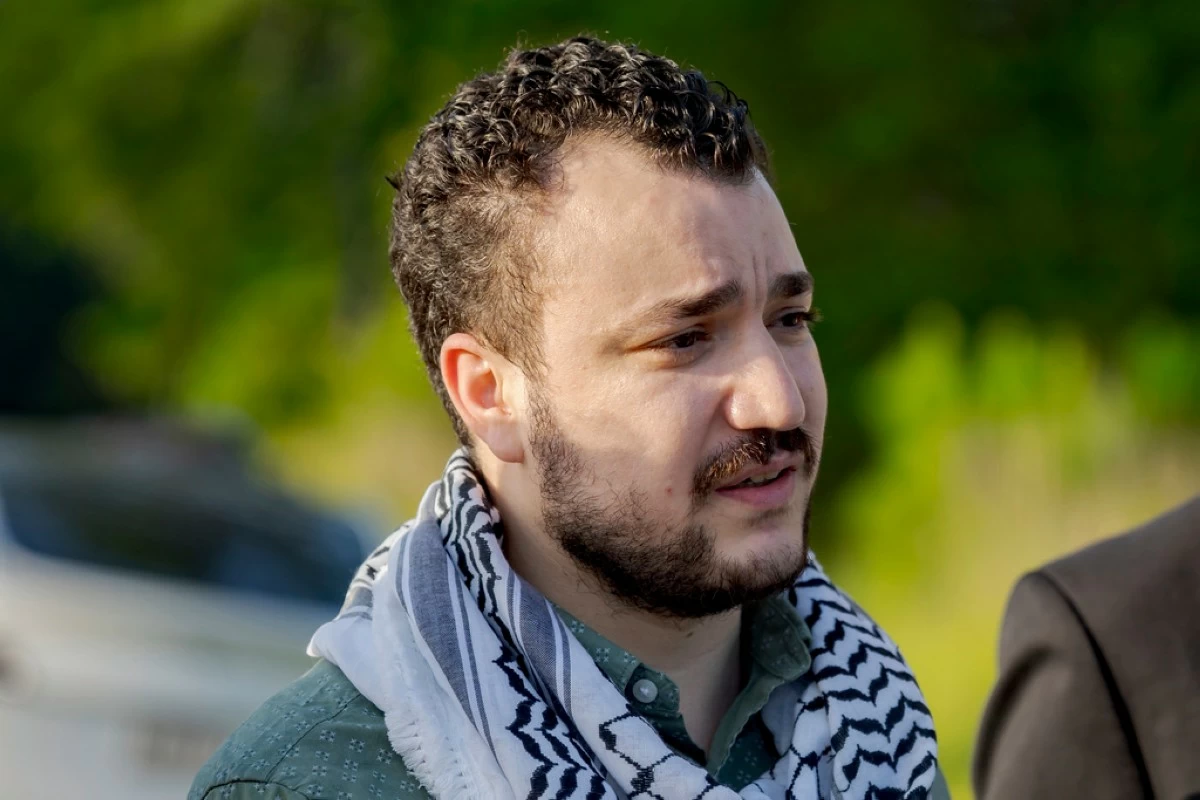 Palestinian activist Mahmoud Khalil speaks after his release from federal immigration detention in Jena, La., Friday, June 20, 2025. (AP Photo/Matthew Hinton)