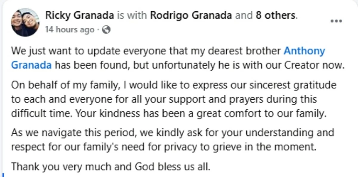 Ricky Granada's Facebook post about his brother, Anthony, on June 21 (Screenshot from Ricky Granada's Facebook post) 