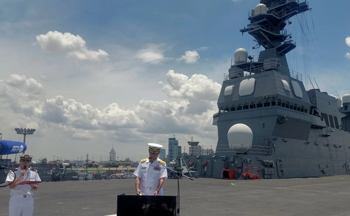 Rear Admiral Natsui Takashi, commander of Japan Maritime Self-Defense Force Escort Flotilla Four, speaks during a media interview on the flight deck of JS Ise on June 21, 2025. (Photo: Martin A. Sadongdong / MANILA BULLETIN)