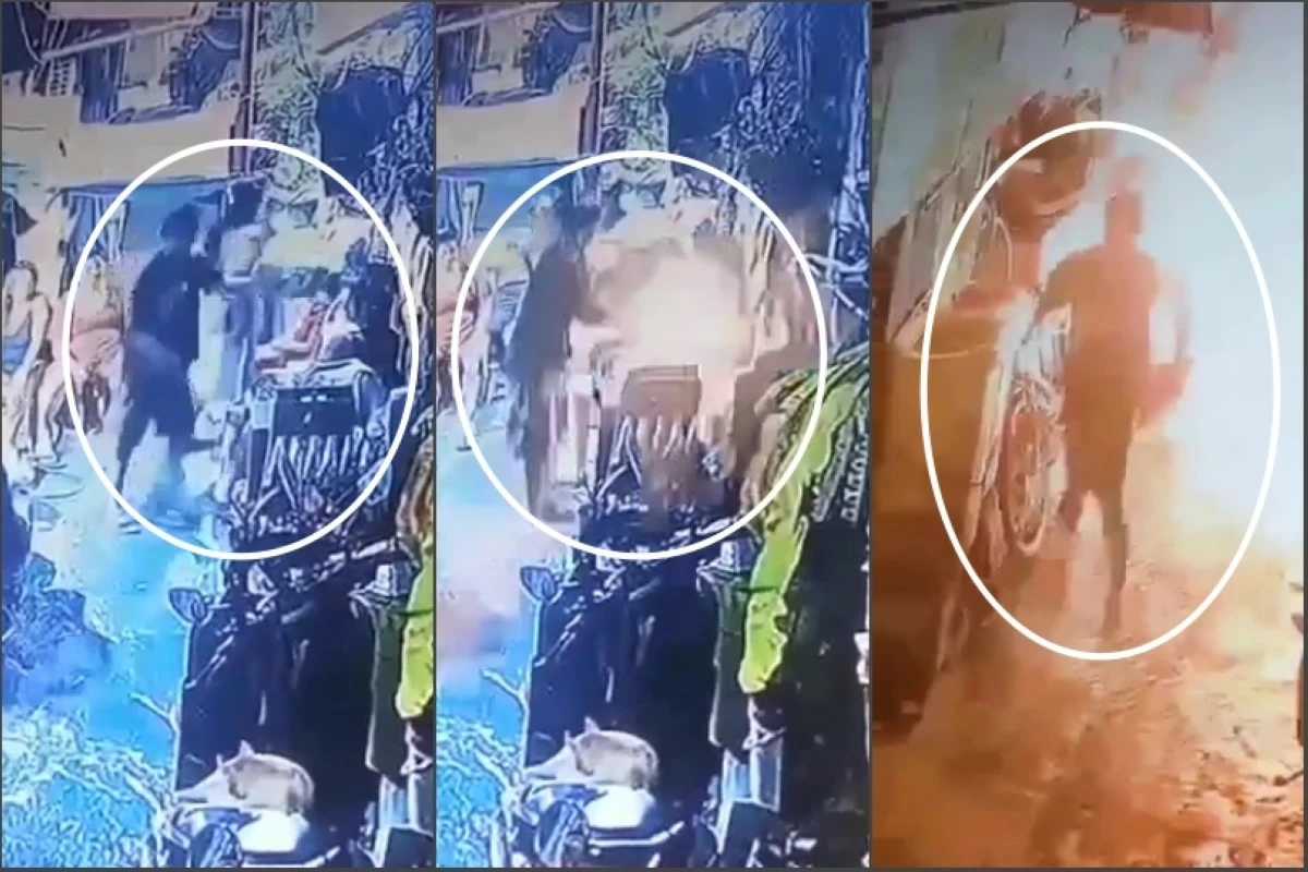Screenshots from CCTV footage showing suspect Gregorio pouring gasoline on James Villaruel and setting him on fire in Barangay Pitogo, Taguig on June 20 (Screenshots from Bhabie Garmino's video on Facebook)