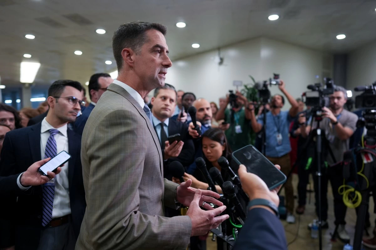 Sen. Tom Cotton, R-Ark., takes questions from reporters as senators depart a classified briefing on President Donald Trump's directed strikes on Iranian nuclear facilities last weekend, at the Capitol in Washington, Thursday, June 26, 2025. (AP Photo/J. Scott Applewhite)