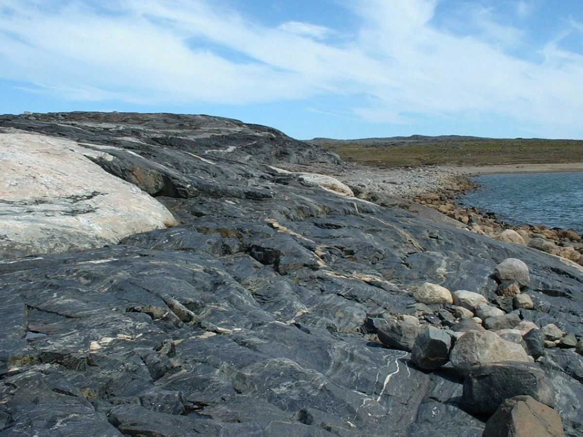 This photo provided by researcher Jonathan O'Neil shows the landscape at the Nuvvuagittuq Greenstone Belt in northeastern Canada. (Jonathan O'Neil via AP)