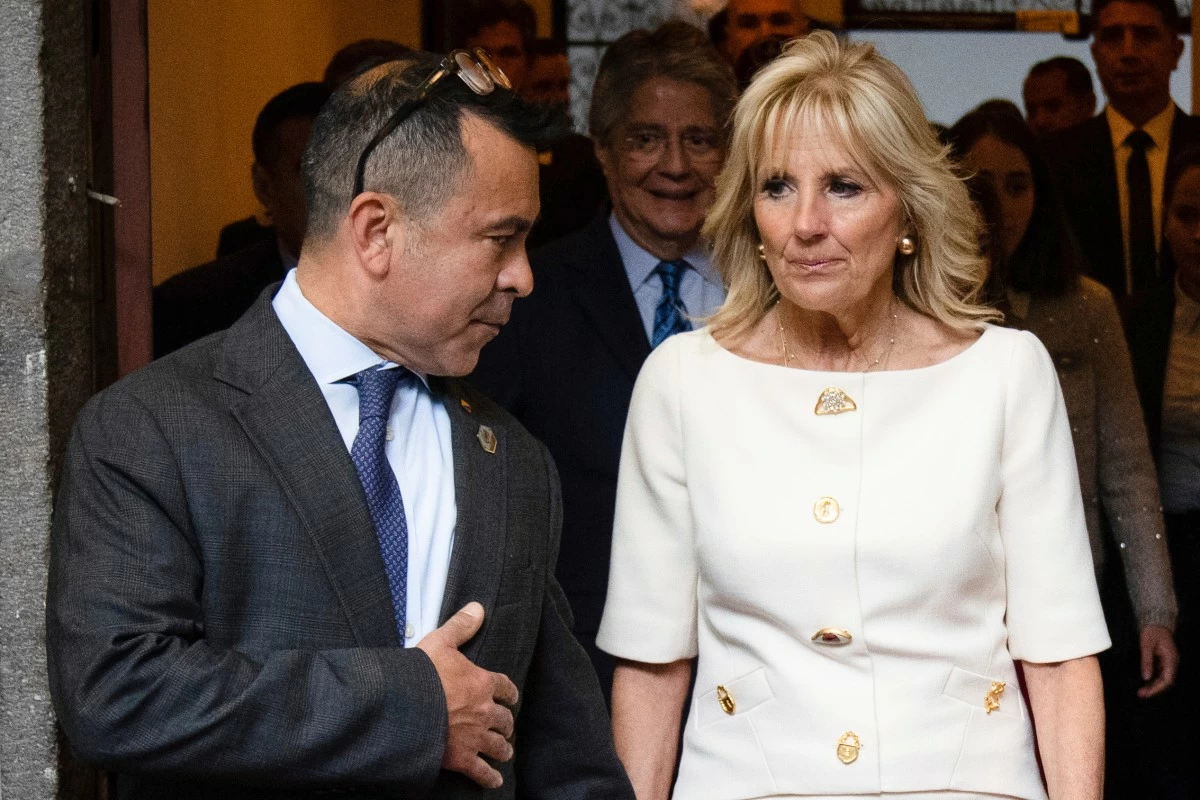 FILE - First lady Jill Biden talks with senior adviser Anthony Bernal before her speech at the Carondelet Palace in Quito, Ecuador, May 19, 2022. (Erin Schaff/The New York Times via AP, Pool, File)