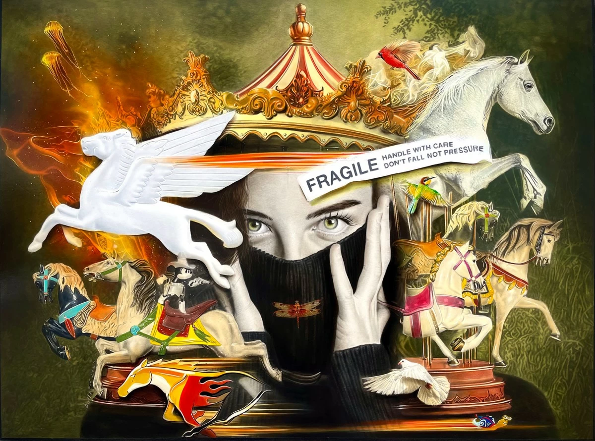 'THE DESIRED FREEDOM,' graphite, acrylic, and oil on canvas, 26x48 inches, 2025