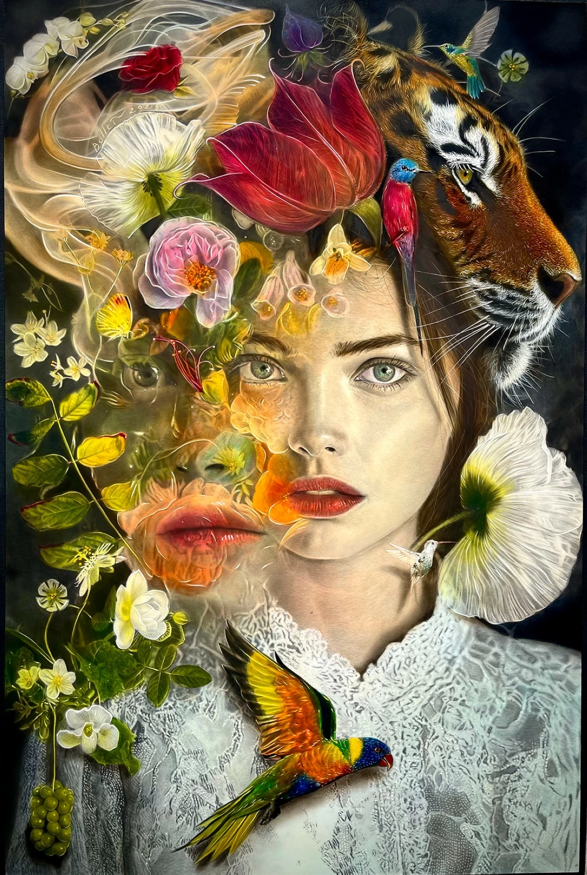 'TRANQUIL,' graphite, acrylic, and oil on canvas, 36x24 inches, 2025