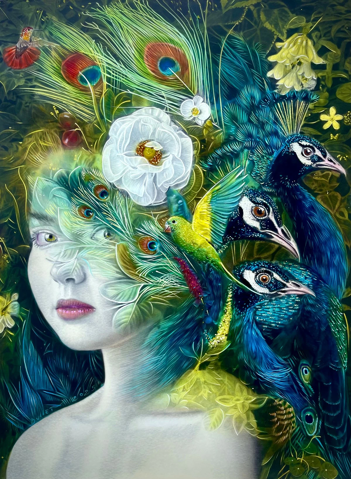 'FEATHER TALE OF BEAUTY,' graphite, acrylic, and oil on canvas, 24x18 inches, 2025