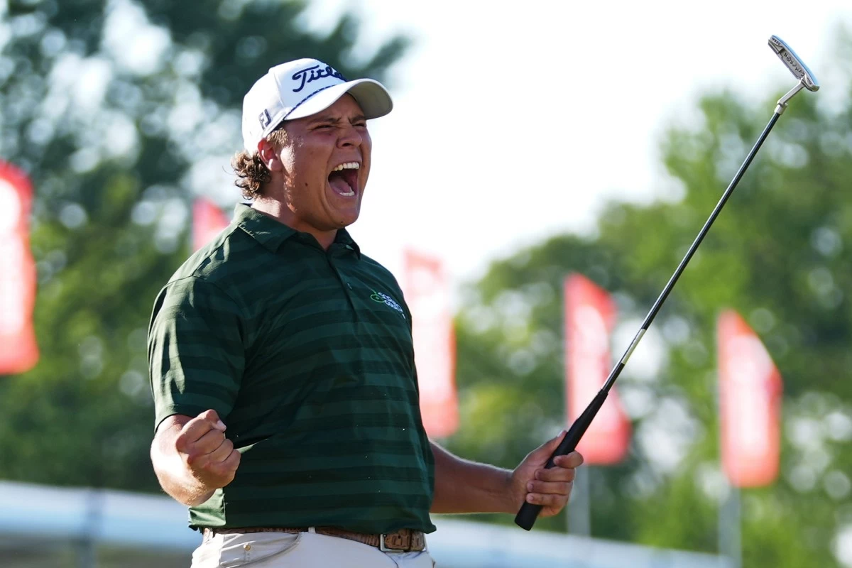 Aldrich Potgieter, of South Africa, celebrates after his winning putt in a playoff during the final round of the Rocket Classic golf tournament at Detroit Golf Club, Sunday, June 29, in Detroit. (AP Photo/Paul Sancya)